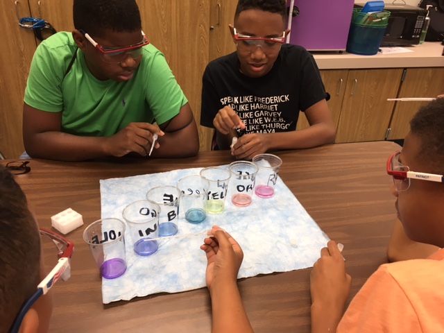 students look at an assortment of cups with colored liquid